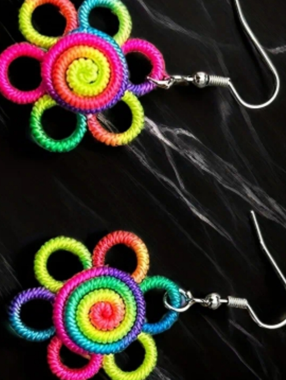 Hand Crafted Rainbow Floral Spiral Dangle Earrings - Picture 2 of 4
